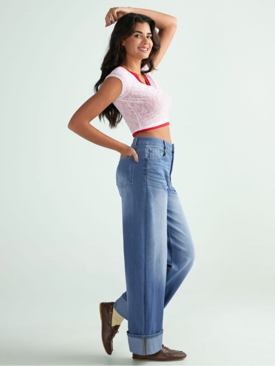 HALARA Denim - Halara Flex Women's Medium High Waisted Pockets Rolled Hem Wide Leg Jean Blue